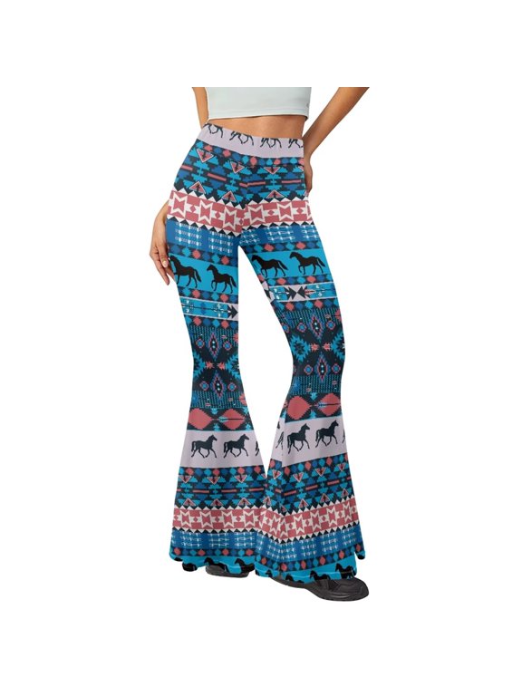 Western Theme Flare Yoga Pants for Women Aztec Horse Print High Waist Tummy Control Workout Gym Leggings Soft Comfy Bootcut Athletic Pants Stretch,Blue