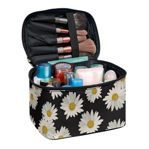 Chririnla White Daisy Floral Print Portable Cosmetic Bag, Polyester Fabric Makeup Bag Brush Slots Cosmetic Organizer Bags for Travel Outdoor