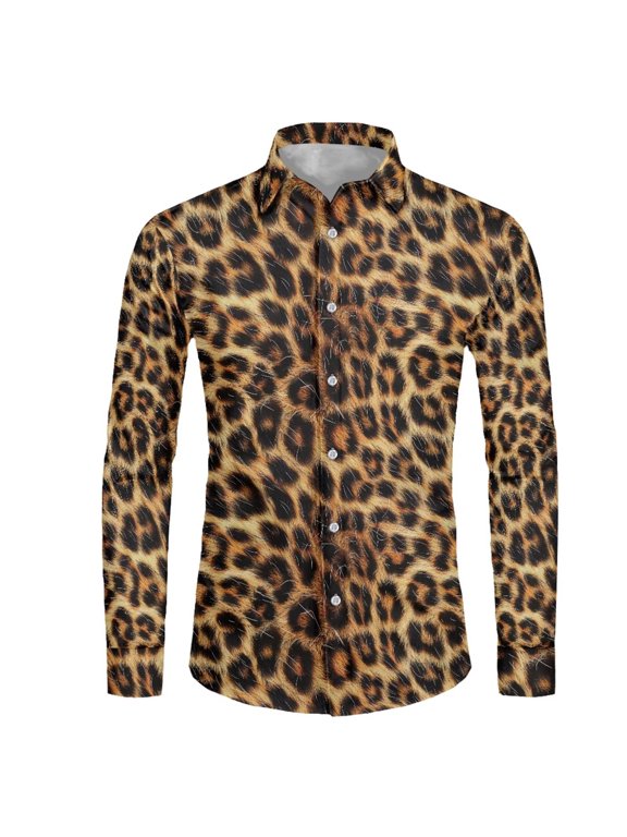 Wild Leopard Print Men's Long Sleeve Dress Shirt Regular Fit Casual Business Formal Button Up Shirts for Beach Wedding Party Holidays