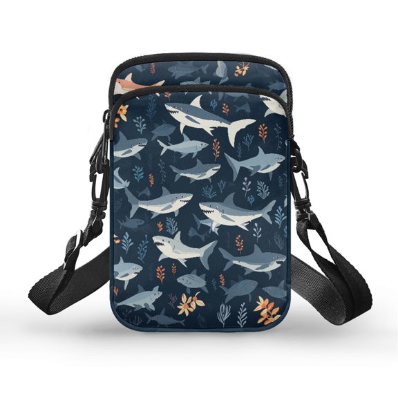 Chririnla With Zipper Mini Crossbody Messenger Bag for Yoga Shop, Polyester Pockets Shoulder Purse, Ocean Shark Pattern