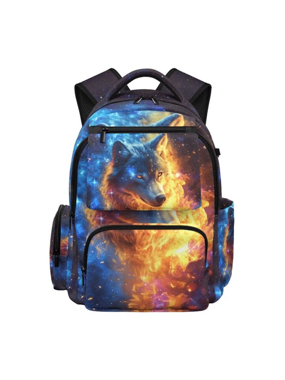 Wolf Backpack for Kids 6-8 8-10 Boys Ice Fire Flame School Backpack Large Capacity School Bag 17 Inch Bookbag for Travel Hiking Camping