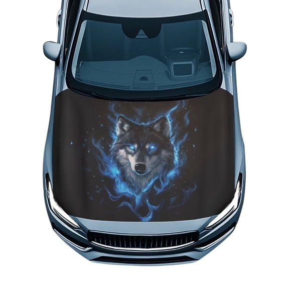 Chririnla Wolf Blue Flame Car Hood Cover Weatherproof Car Hood Shield UV Resistant Auto Decoration Elastic Fabric Automobile Accessories Fits Cars/SUV/Van