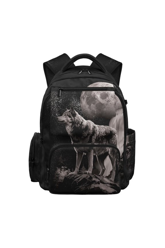 Wolf Moon Waterfall Pattern School Bag with Lightweight Multi-Pocket Daypack, Side Pockets 17 Inch School Backpack for Daily Use Back to School Hiking