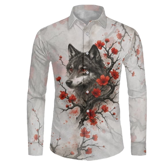 Chririnla Wolf Plum Blossom Top Soft T-shirt Button Up Hawaiian Shirts Long Sleeve Workout Shirt Long Sleeve Formal Clothes for Men