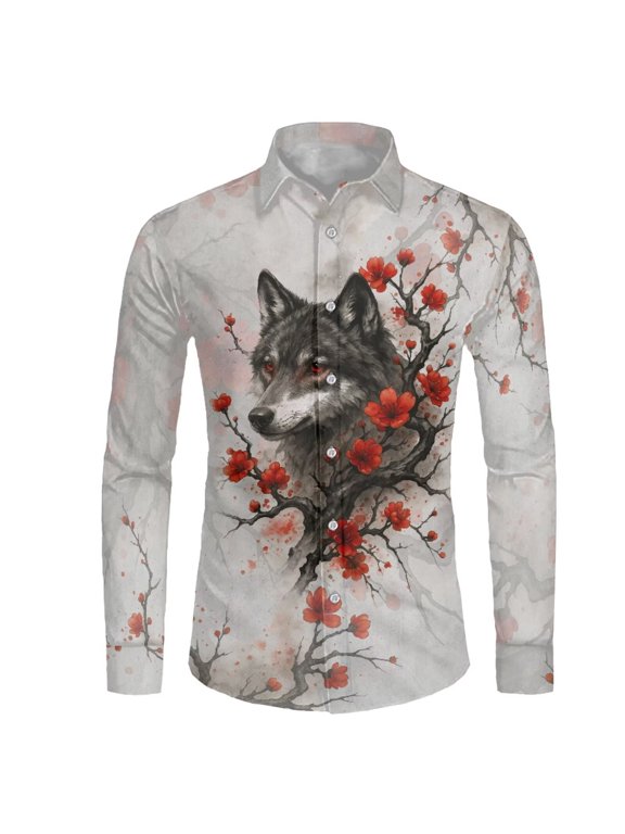 Wolf Plum Blossom Top Soft T-shirt Button Up Hawaiian Shirts Long Sleeve Workout Shirt Long Sleeve Formal Clothes for Men