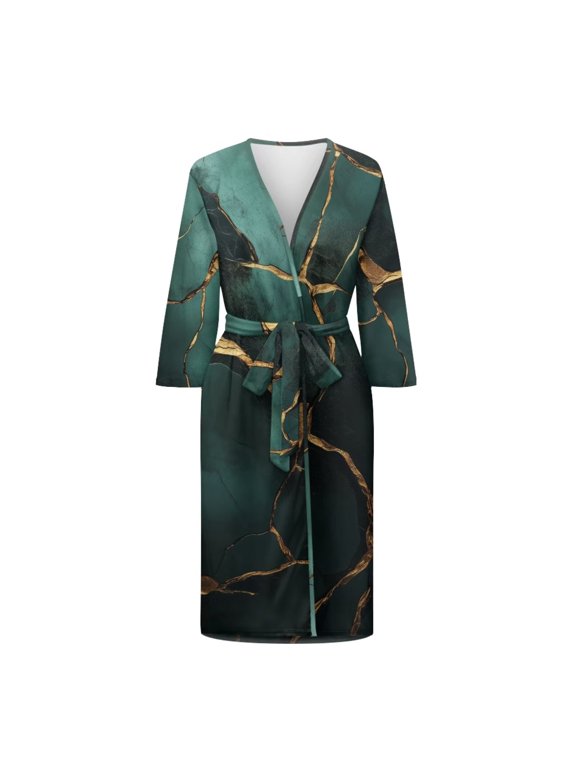 Women Nightgown Long Sleeve Casual Soft Green Marble Bathrobes V Neck Loose Fit Loungewear Soft Robes, Plus Size
