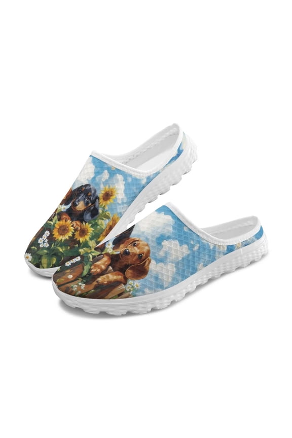 Women Slip-on Mule Shoes Dachshund Dog Mules Clogs Shoes for Women Lady Sunflower Flat Loafers Comfortable Backless Walking Sneakers for Work Business Travel
