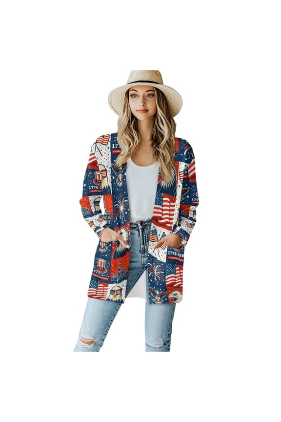 Women's 250th Anniversary USA Eagle Cardigan Sweaters with Pockets Casual Long Sleeve Sweater Independence Day Open Front Cardigans Loose Outerwear Jackets Dressy Coats Tops for Women Girls
