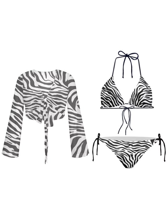 Women’s 3 Piece Swimwear Set Zebra Print Fashion Bikini Sets Swimsuit Bottom with Tie V-Neck Cover-Up Backless High Cut Swimwear Set of 3