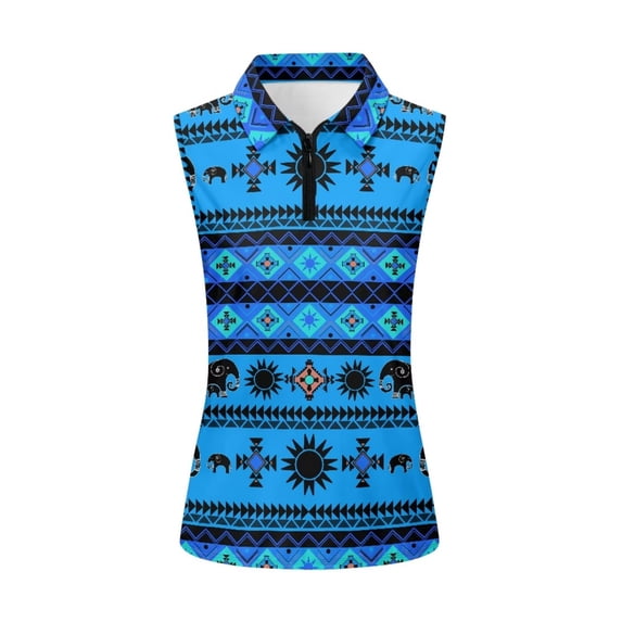 Chririnla Women's Aztec Elephant-Blue Sleeveless Golf Shirts Quick Dry Collared Tank Top Cherry Blossom 1/4 Zip V Neck Athletic Tops for Tennis Sports Workout Fitness