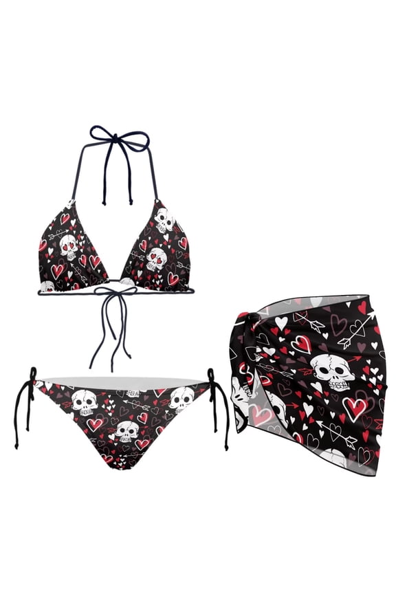 Women’s Bikini Set 3 Pieces Boho Skull Heart Print Triangle Bikini Top Bathing Suit Bottom with Beach Chiffon Cover Up Skirt Sets for Vintage Summer Wear