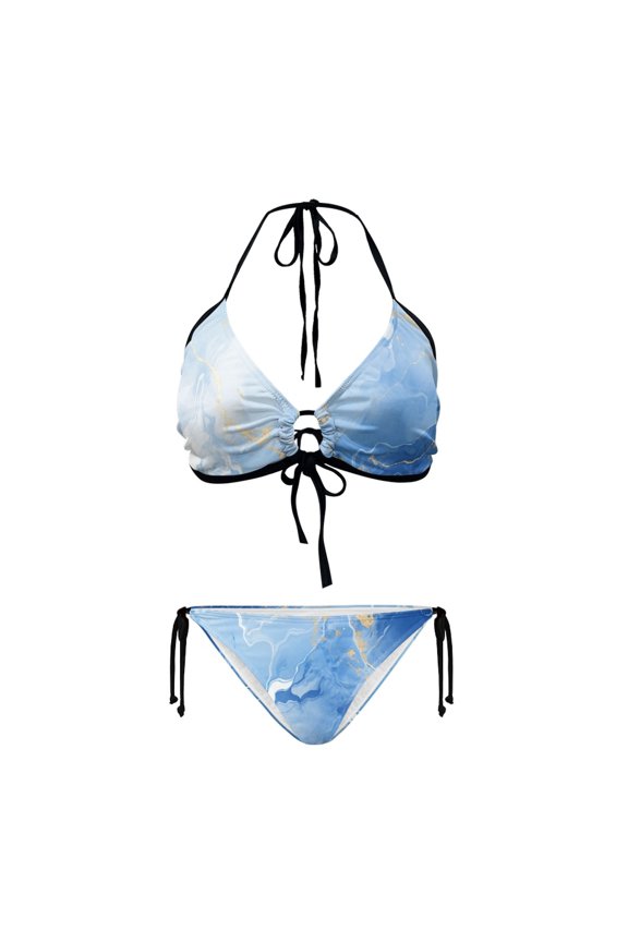 Women's Blue Gold Marble Halter Bikini Set Two Piece Triangle Swimsuit with Tie Side Bottoms for Beach Vacation & Pool Party