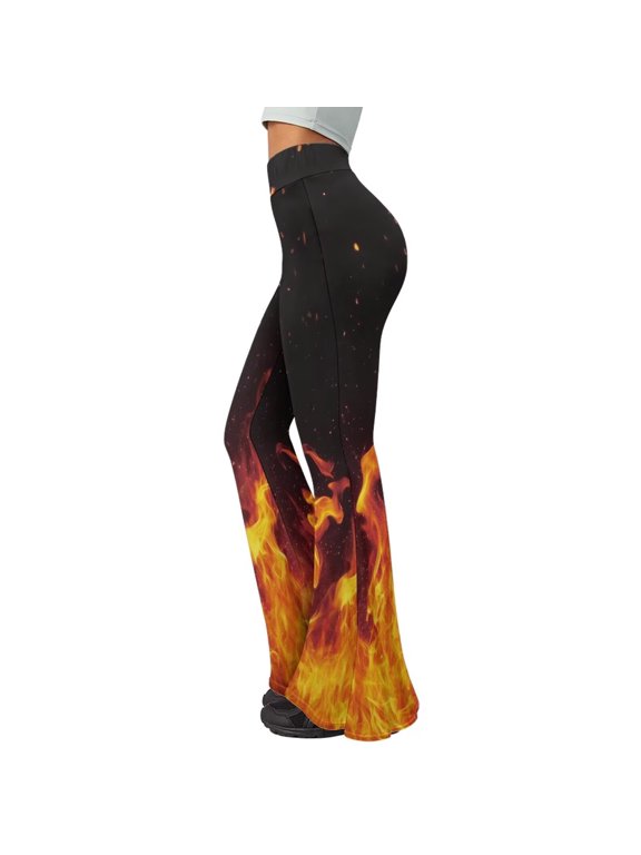 Women's Bootleg Yoga Pants Fire Flame Print Stretch Soft High Waist Flare Leggings Soft Tummy Control Workout Pants Size XXL