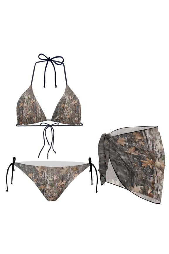 Women’s Camouflage Hunting Oak Print Bikini Swimsuit Sets 3 Piece Beach Swimwear Bottom with Short Beach Chiffon Cover-Up Women’s Tie Back Bathing Suit