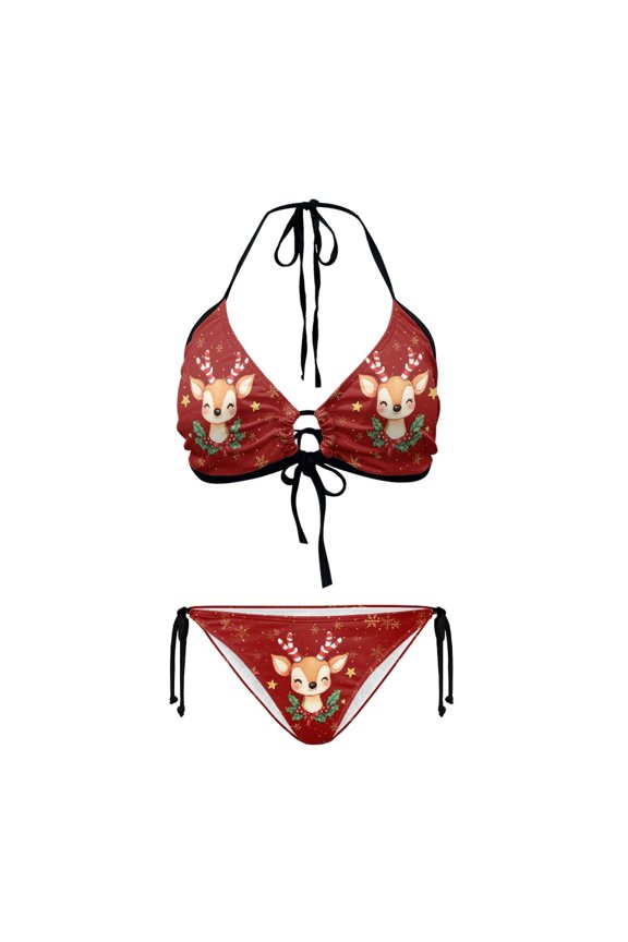 Women's Christmas Reindeer Halter Bikini Set Two Piece Triangle Swimsuit with Snowflake Print Perfect for Tropical Holiday & Pool Party