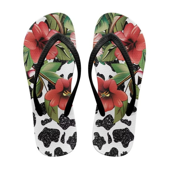 Chririnla Women's Comfortable Flip Flops Watercolor Hibiscus Cow Lightweight Summer Sandals with Non-Slip Sole