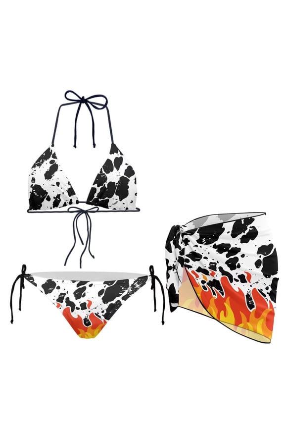 Women’s Flame Cow Print Bikini Sets Two Piece Triangle Halter Swimsuit Set with Short Chiffon Beach Coverup Skirt Women’s Summer Fashion Trend Beachwear