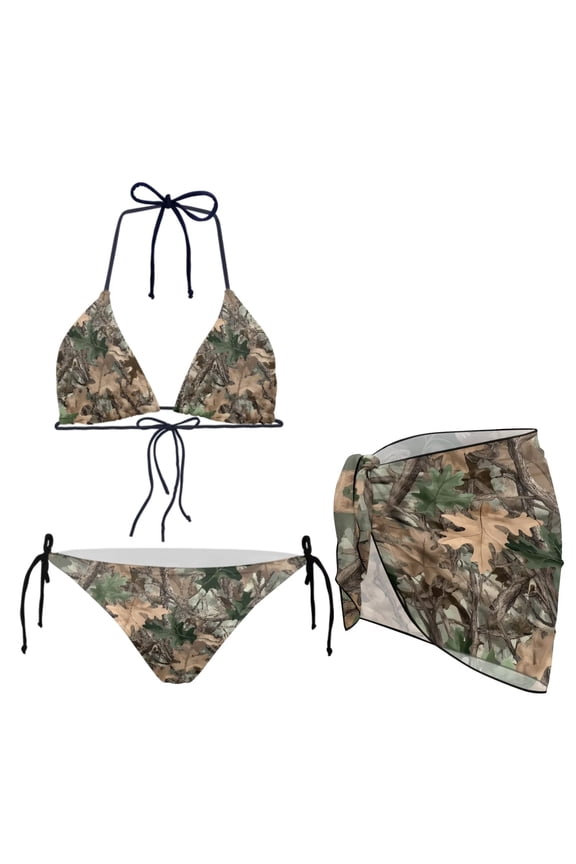 Women’s Halter Bikini Sets 3 Piece Hunting Tree Leaves Print Triangle Swimwear with Short Beach Cover Up Skirt Retro Style Swimsuit Set for Ladies