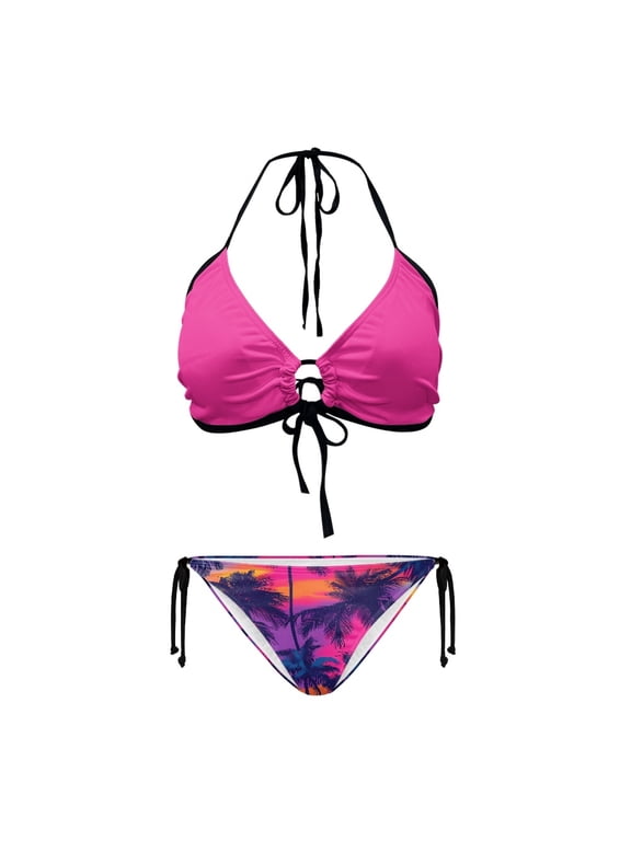 Women's Halter Neck Triangle Bikini Set - Magenta Top with Tropical Sunset Palm Tree Bottoms | Sexy Tie Side Swimwear for Beach Vacation & Pool Party