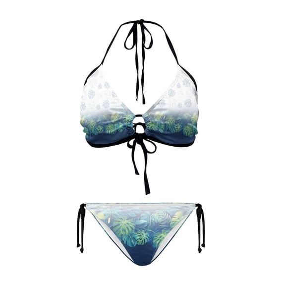Chririnla Women's Halter Neck Triangle Bikini Set - Tropical Monstera Leaf Gradient Print, Quick Dry Tie Side Two Piece Swimsuit for Beach Vacation & Pool Party