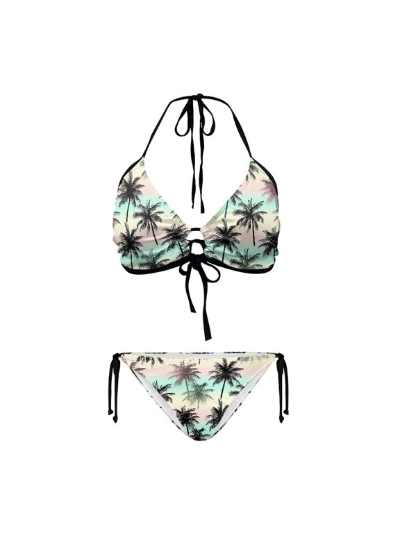 Women's Halter Neck Triangle Bikini Set - Tropical Palm Tree Print, Pastel Gradient, Tie Side Bottoms for Beach & Vacation
