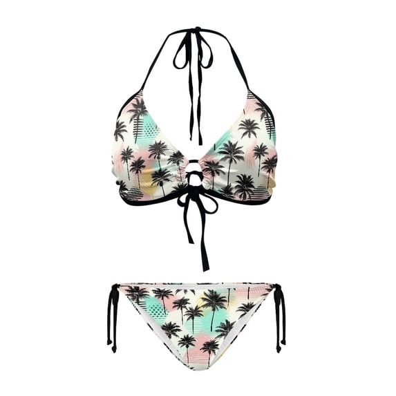 Chririnla Women's Halter Neck Triangle Bikini Set Tropical Palm Tree Print Quick Dry Tie Side Two-Piece Swimsuit for Beach Vacation Pool Party