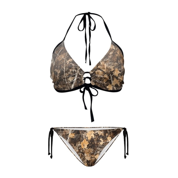 Chririnla Women's Halter Neck Two Piece Bikini Set - Autumn Leaf Camo Print, Quick Dry, Tie Side Bottoms for Beach & Pool Vacations
