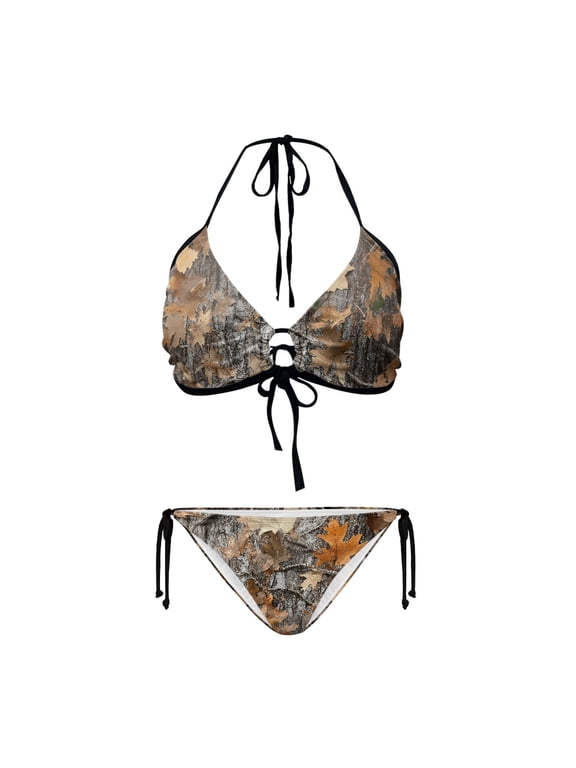 Women's Halter Neck Two Piece Bikini Set - Autumn Leaf Camo Print, Tie Side Bottoms, Quick Dry Swimwear for Beach Vacation & Pool Party