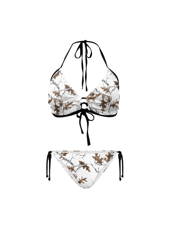Women's Halter Neck Two Piece Bikini Set - Autumn Oak Leaf Print, Quick Dry, Tie Side Bottoms for Beach Vacation & Pool Party