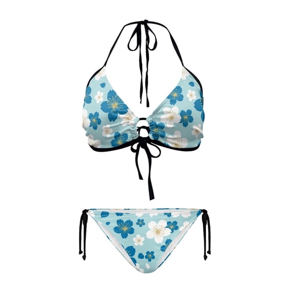 Chririnla Women's Halter Neck Two-Piece Bikini Set - Blue Cherry Blossom Floral Print, Tie Side Triangle Swimsuit for Beach Vacation & Pool Party