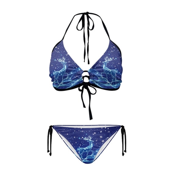 Chririnla Women's Halter Neck Two Piece Bikini Set Glowing Reindeer Snowflake Print - Sexy Tie Side Swimsuit for Beach & Pool Vacation
