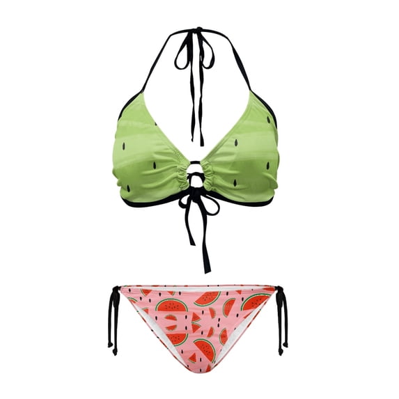 Chririnla Women's Halter Neck Two-Piece Bikini Set - Playful Watermelon Print Design | Quick Dry, Tie Side Bottoms for Beach, Pool & Tropical Vacations