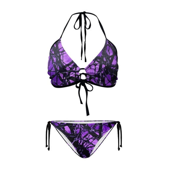 Chririnla Women's Halter Neck Two-Piece Bikini Set - Purple Abstract Branch Print, Tie Side Bottoms, Quick Dry Swimwear for Beach & Vacation