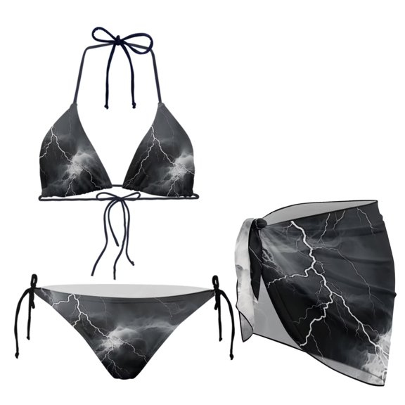 Chririnla Women’s Halter String Bikini Sets 3Pcs Lightning Print Backless Swimsuit Top with High Cut Tie Bottom and Short Sarong Warp Cover-Up for Women Beach,XS-2XL