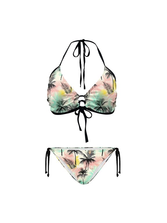 Women's Halter Triangle Bikini Set Pastel Palm Tree Print, Tie Side & Back, Quick Dry Swimwear for Beach Vacation & Pool Party
