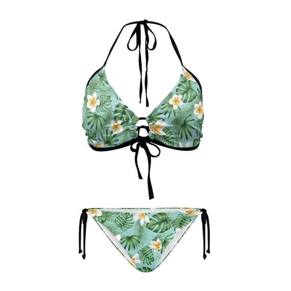 Chririnla Women's Halter Triangle Bikini Set - Tropical Plumeria & Palm Leaf Print - Quick Dry, Tie Side Two Piece Swimsuit for Beach Vacation & Pool Party
