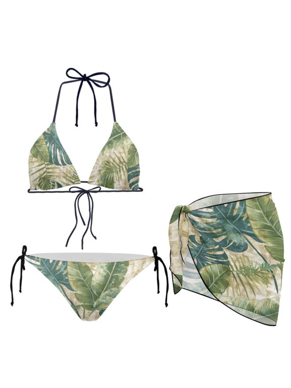Women’s Halter Triangle Swimsuit Sets Palm Leaves Print Tie String Bikini Sets with Matching Sarong Cover-Up Skirt for Ladies Hawaii Style Beachwear