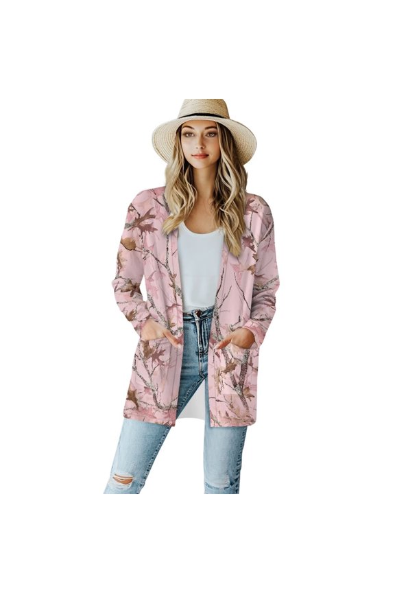 Women's Pink Camo Hunting Cardigan Sweater Coat Top with Pockets Winter Fall Open Front Long Sleeve Oversized Cardigans Sweaters Outerwear for Women