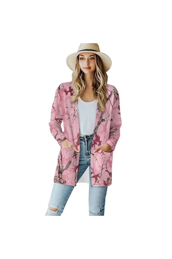 Women's Pink Camo Hunting Cardigan Sweaters Casual Open Front Cardigans with Pockets Soft Long Sleeve Cardigan Dusters Drape Tops Loose Jacket
