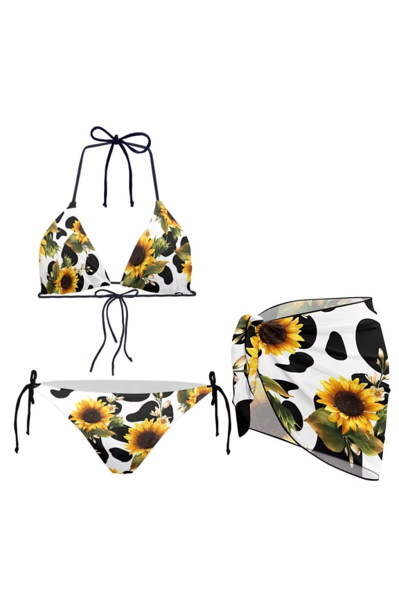 Women’s Sunflower Cow Print Bikini Sets Backless High Cut Swimwear Top Tie Side Bottom and Beach Sarong Cover Up Skirt for Lady Fashion 2025 Swimsuit