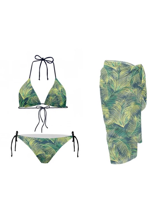 Women’s Swimsuit Set 3 Piece Hawaii Green Palm Print V-Neck Triangle Top Side Tie Drawstring Bikini Set and Long Sarong Cover Up Set for Women