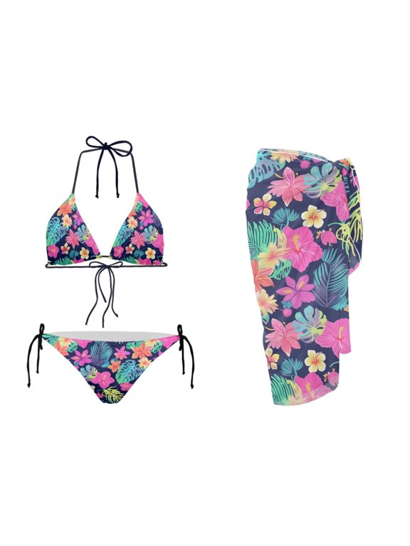 Women’s Triangle Bathing Suit Hibiscus and Palm Leaves 3 Piece Halter Bikini Sets Tie Side Thong Bottom with Long Sarong Coverup for Women Beach