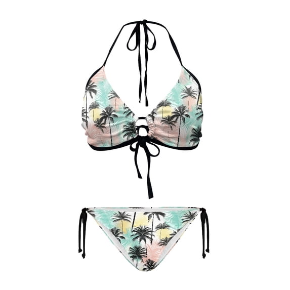 Chririnla Women's Tropical Coconut Tree Print Halter Bikini Set - Two Piece Triangle Swimsuit with Tie Side Bottoms for Beach Vacation & Pool Party