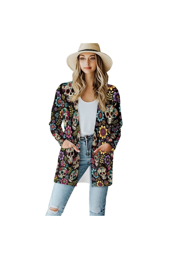 Womens Colorful Sugar Skull Skeleton Boho Flowers Long Sleeve Cardigan Kimono Coverups Classic Open Front Cardigans Drape Fall Long Sleeve Sweater Outwear Loose Coat with Pockets