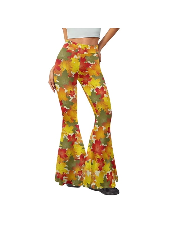 Womens Fall Maple Leaves Yoga Leggings High Waisted Tummy Control Thanksgiving Party Workout Leggings Comfy Wide Leg Bell Bottoms Stretchy Bootcut Pants,S
