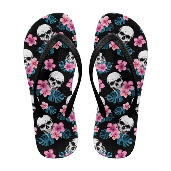 Chririnla Womens Flip Flops Hibiscus Flower Skull Print Comfortable Slip On Yoga Mat Thong Sandal Arch Support Non-Slip Indoor Bathroom Shower Shoes