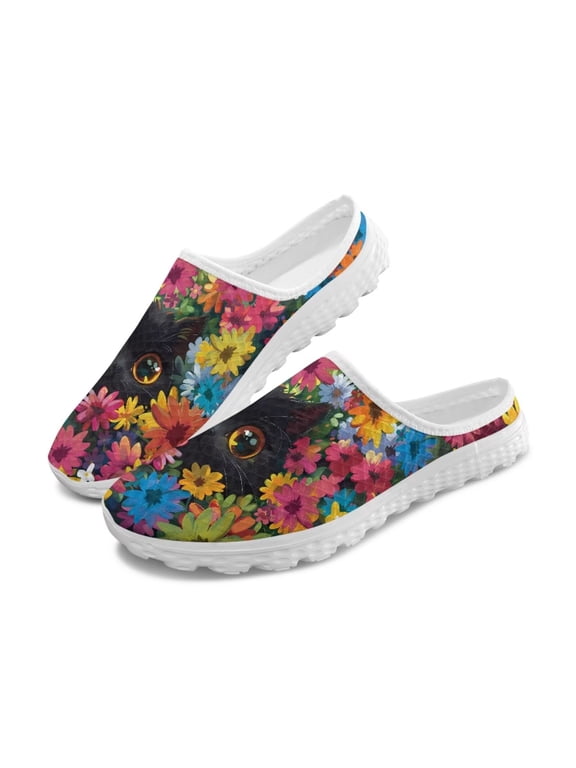 Womens Flower Garden Shoes Slip On Mules Shoes Black Cat Walking Mules Mesh Breathable Sneakers Ladies Comfort Casual Footwear
