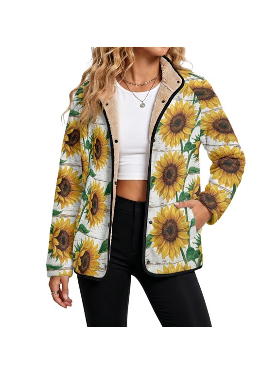 Womens Full Lined Fleece Jackets Retro Sunflowers XL