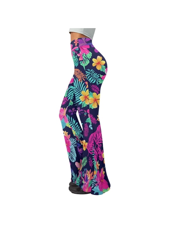 Womens High Waisted Flare Yoga Pants Hawaii Hibiscus Colorful Leaves Print Casual Bootcut Stretch Pants Comfy Soft Tummy Control Wide Leg Bell Bottoms Pants