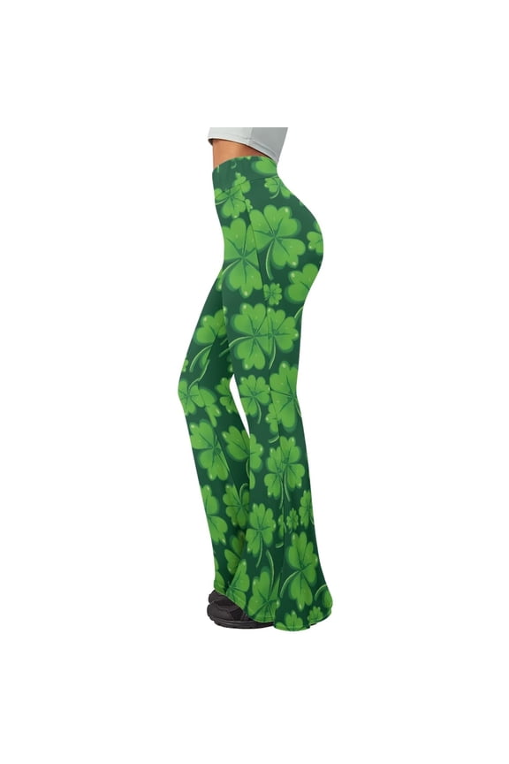 Womens High Waisted Flare Yoga Pants for St. Patrick's Day Green Leaves Print Casual Bootcut Stretch Pants Comfy Soft Tummy Control Wide Leg Bell Bottoms Pants